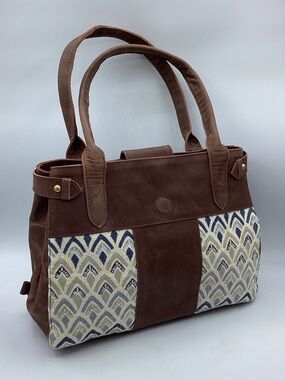 Handmade Joyn leather and blue canvas handbag